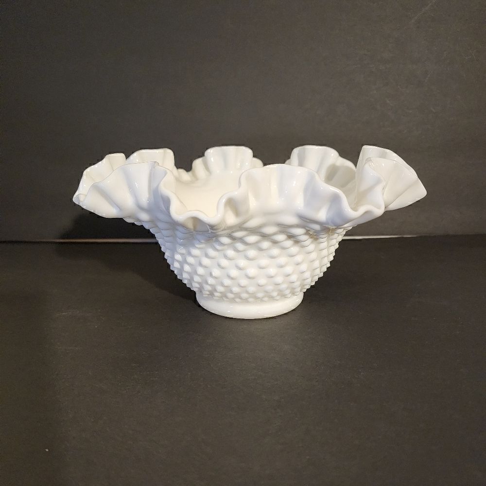 Vintage ruffled Hobnail milk glass bowl